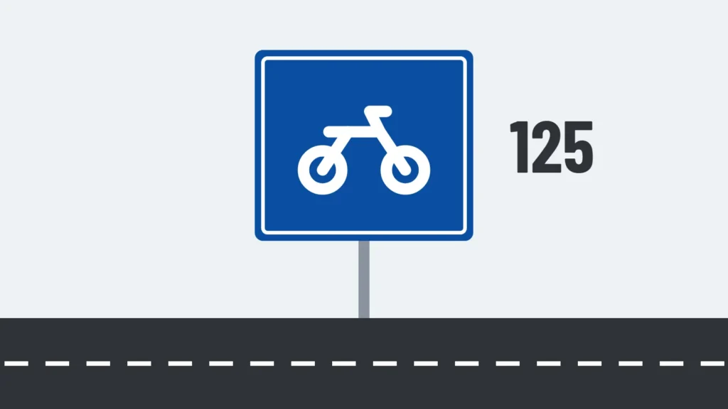 Panel azul con una moto y el número 125